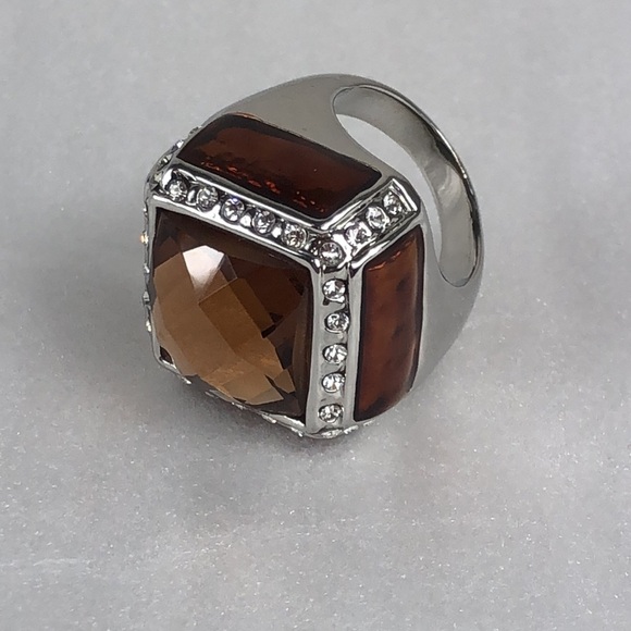Smoky Quartz Ring Men's Size 8 Square Simulated Stones Faceted Silver Tone Band - Picture 7 of 13